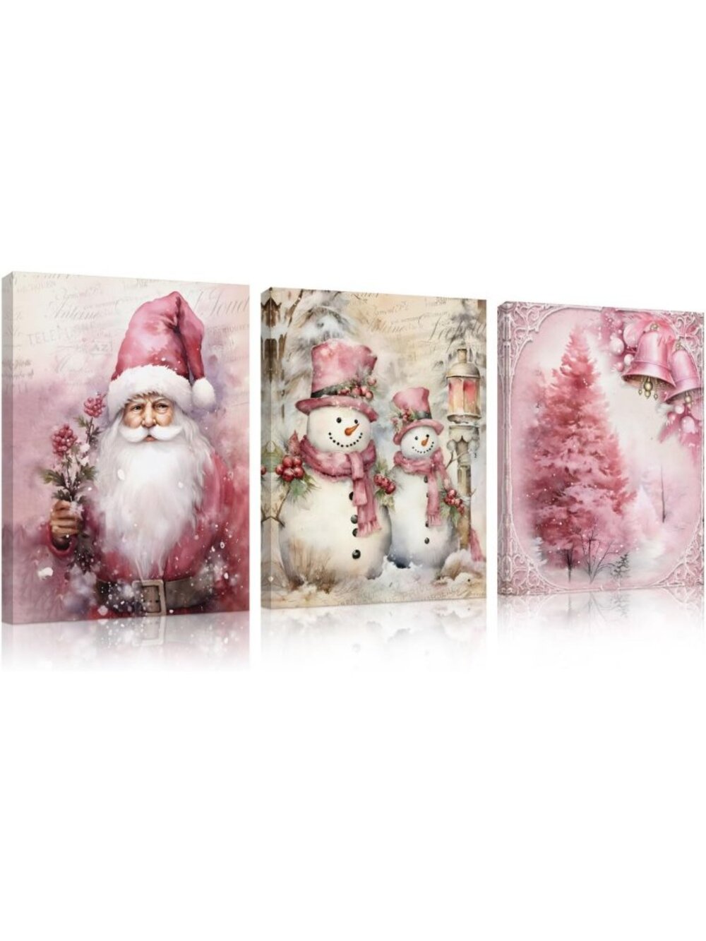 Vintage Pink Christmas Wall Art Set of 3 | Framed Holiday Decor for Home & Gifts